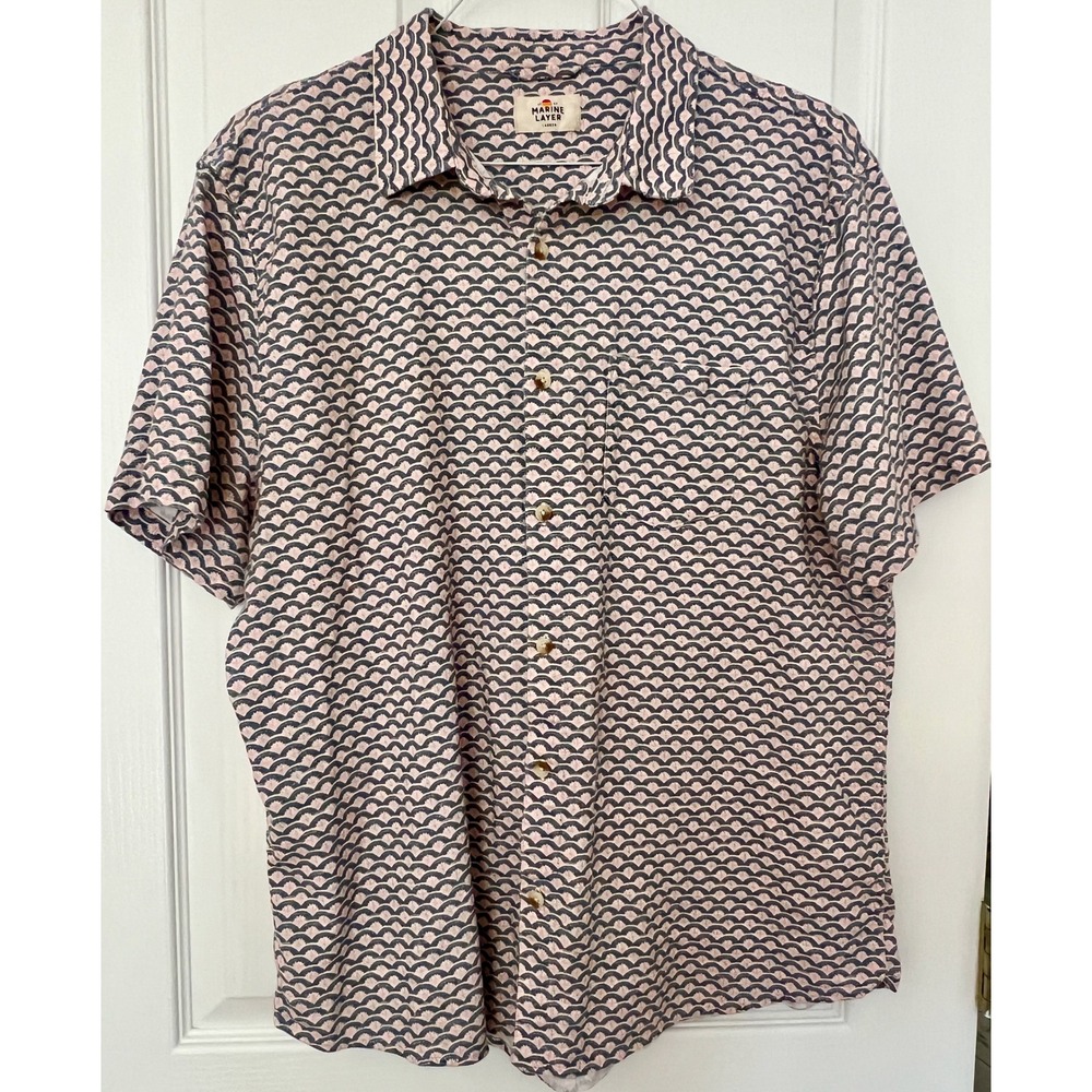 Marine Layer Mens Large Short Sleeve Button Down Scalloped Wave Print Pink Navy